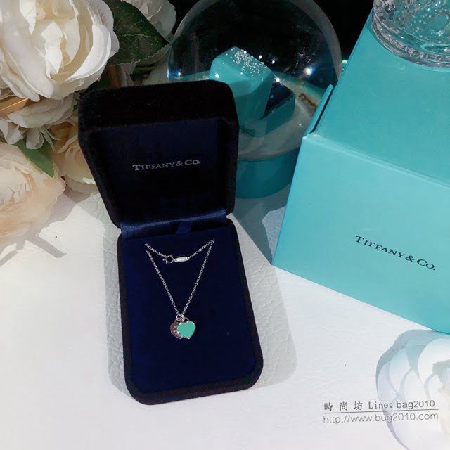 Tiffany純銀飾品 蒂芙尼女士專櫃爆款櫻花粉藍色雙心琺瑯項鏈 Tiffany純銀鎖骨鏈  zgt1716